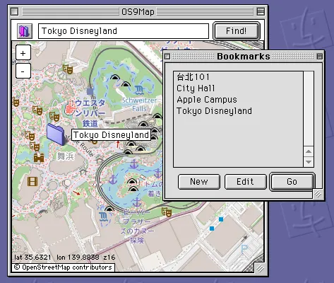 A downtown street map shown in OS9Map